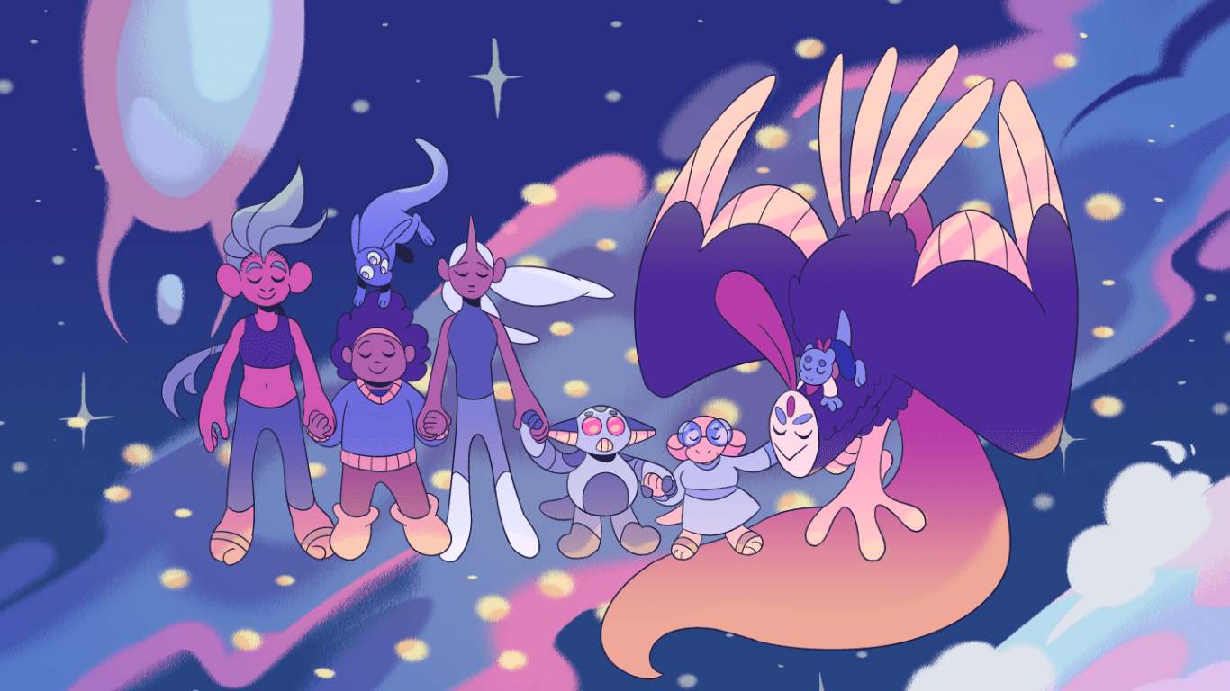 art of the lead cast of the comic all holding hands while floating through space.