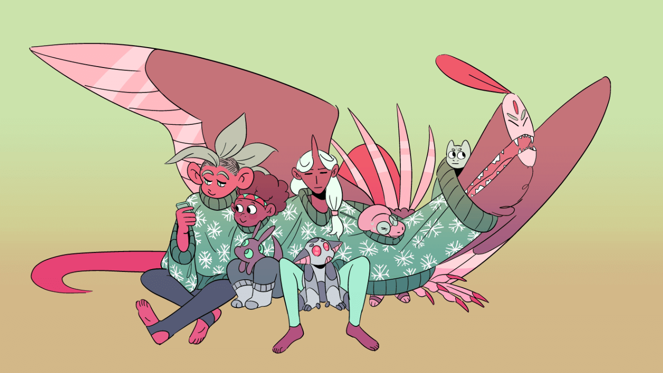 Jas, Khut, Kese, Dizzy, OdoZun, Sanna, and Khudran all stuffed in the same sweater with different sized head holes for each character.