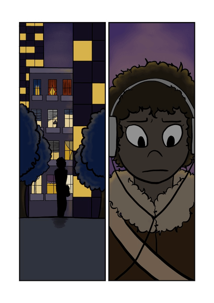 two panels depict a black human woman walking home through a part away from the city lights, her headphones are on and she wears a sad expression.