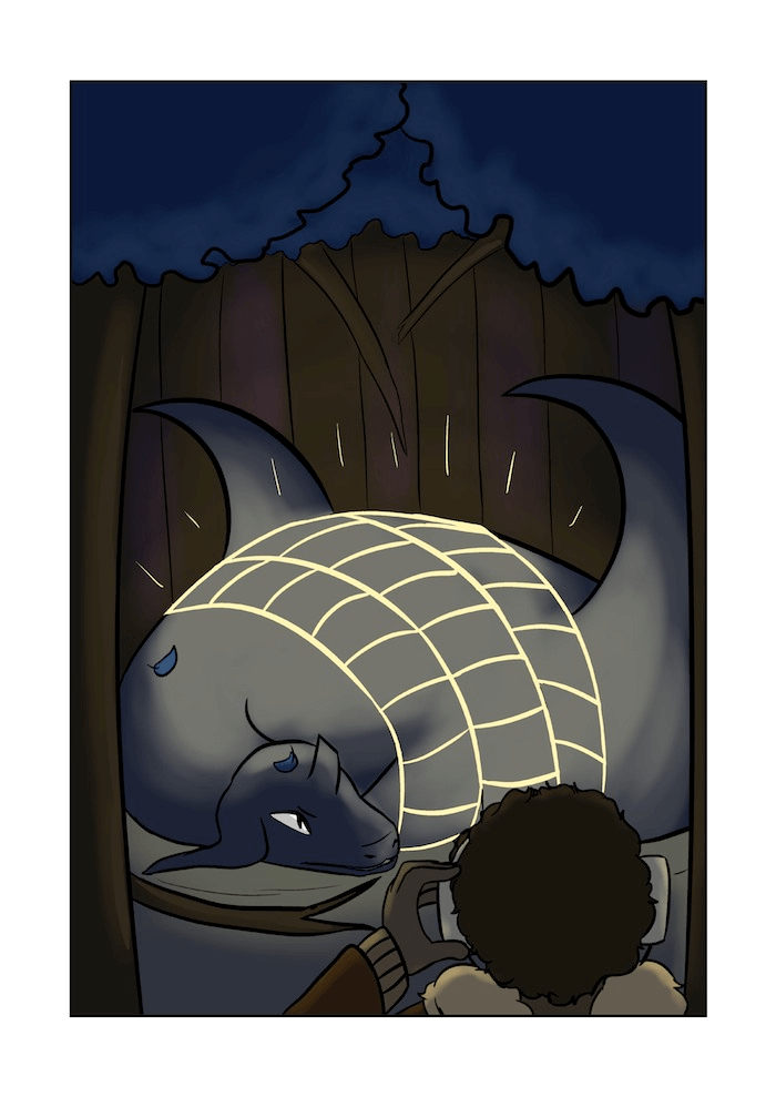 A full page spread of a strange dragon-like creature caught in a yellow glowing net.