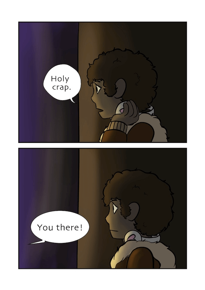 The human takes off her headphones and utters some words in surprise and the creature speaks to her.