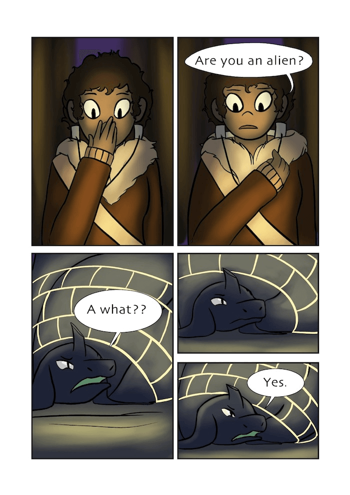 After a moment of thought the human asks if the creature is an alien. The creature is confused by the question but then says that it is.