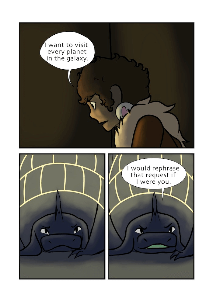 The human asks to see everything planet in the galaxy. The aline suggests she be careful about how she phrases her wish.