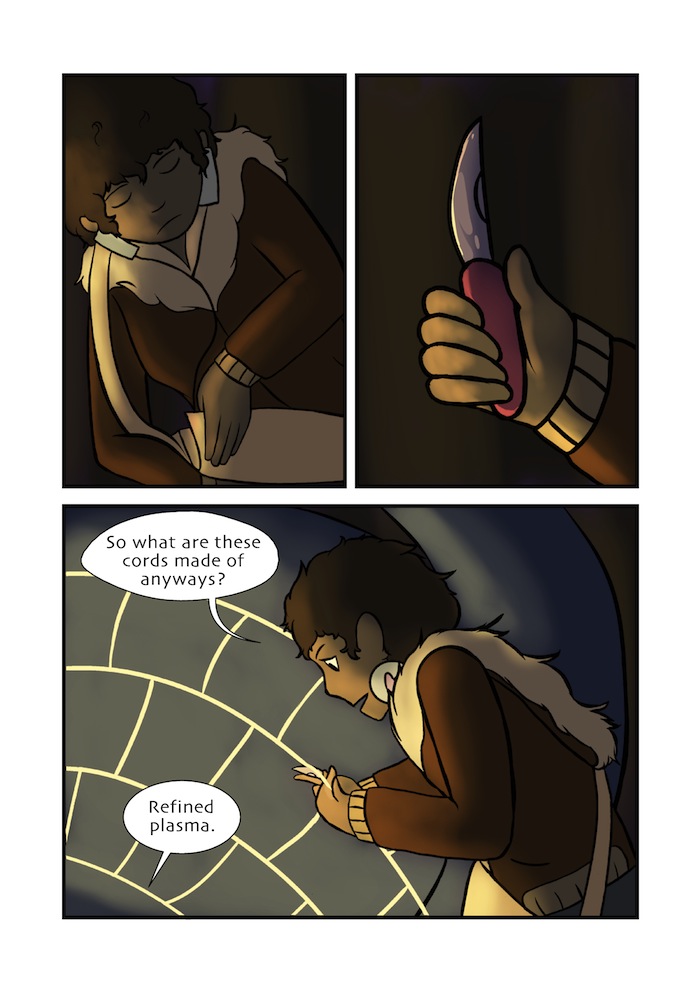 The human pulls out her pocket knife and starts cutting. She asks what the net is made of and the alien says its refined plasma.