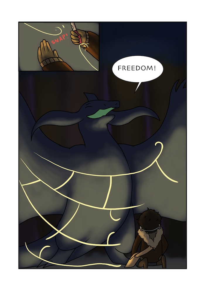 The human cuts the alien free, and the alien rises up in triumph with a cry.