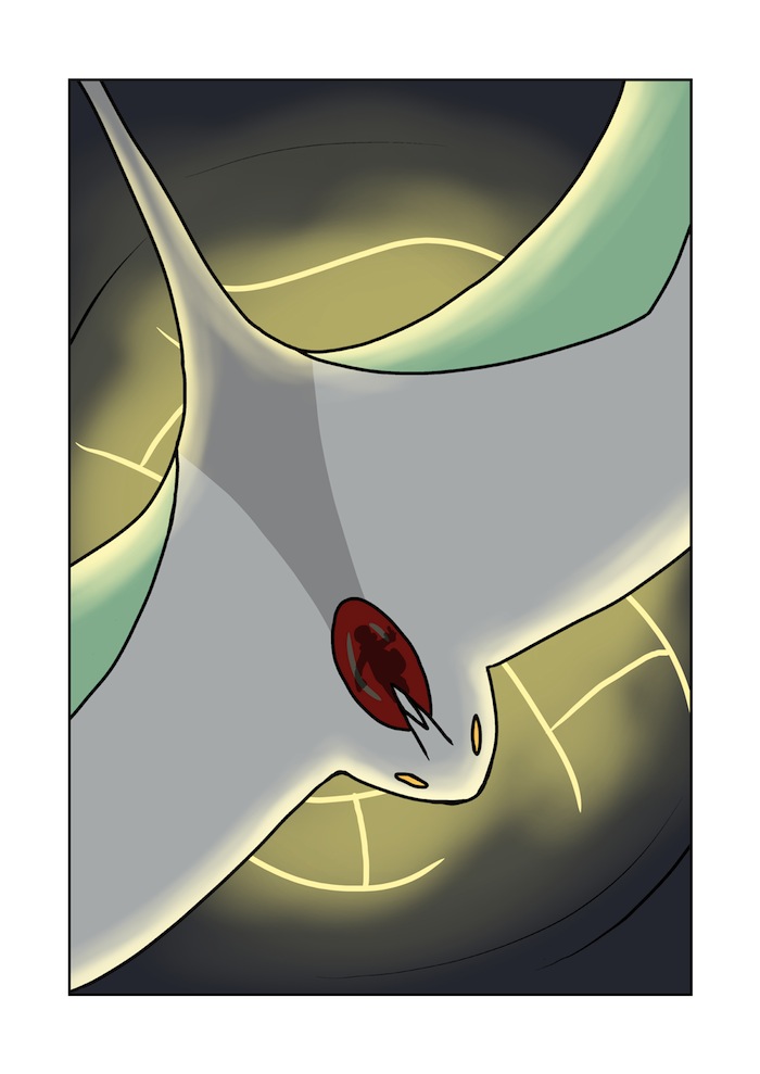 With the discarded glowing net beneath them the alien turns into a creature that resembles a small white airplane.