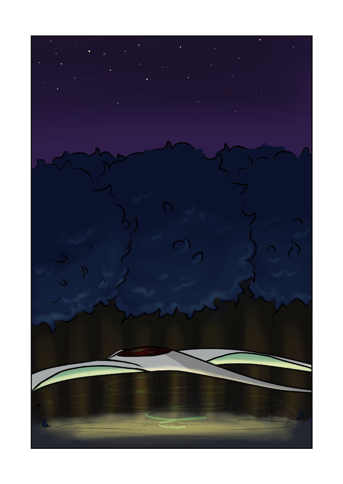 The alien slowly lifts up from the clearing in the trees.