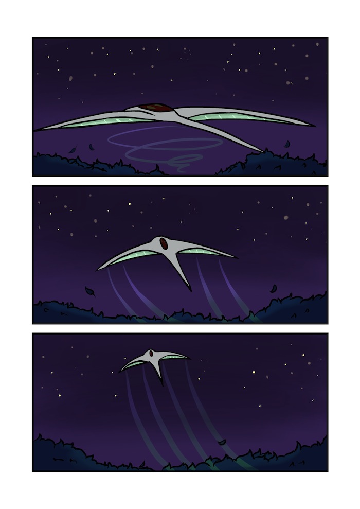 The alien breaks past the canopy and rises into the starry sky.