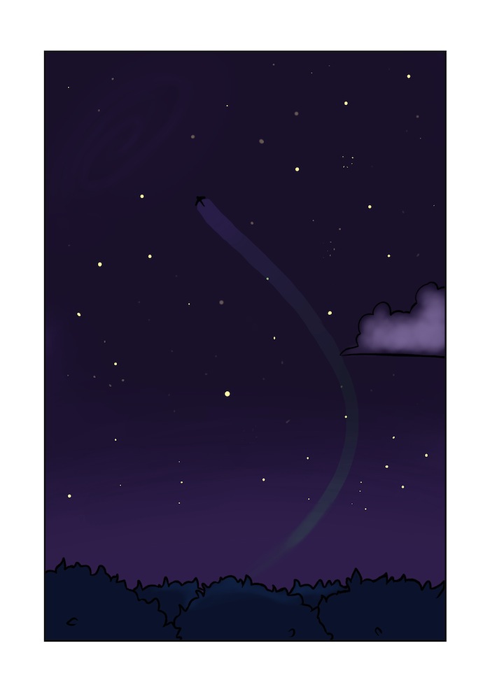 They glide up into the night towards a distant faded swirl.